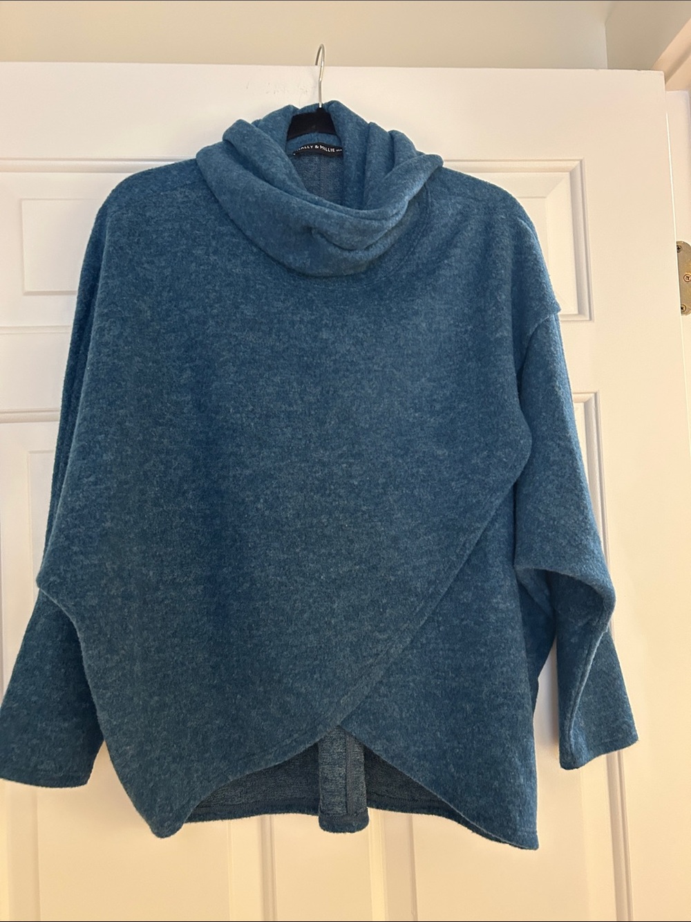 Nally & Millie Teal Cowl Neck Overlap Hem Sweater
